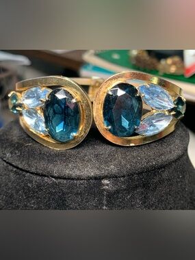 Gold-Tone Blue Crystal Clamper Bracelet - Women Jewelry